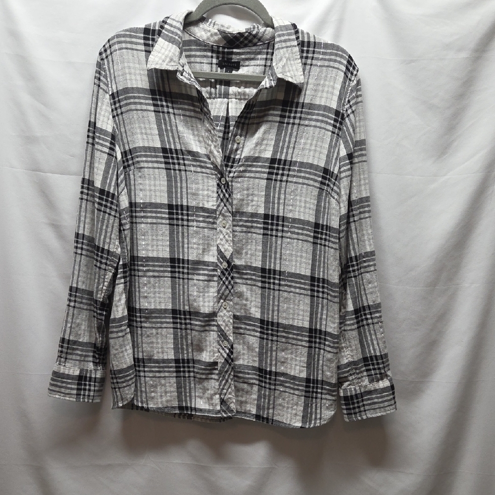 Talbots Womens Button Up Shirt Flannel Esque White Black Gray Silver Soft Size L